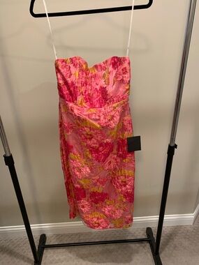Lulu's Pink and Yellow Strapless Floral Midi Dress